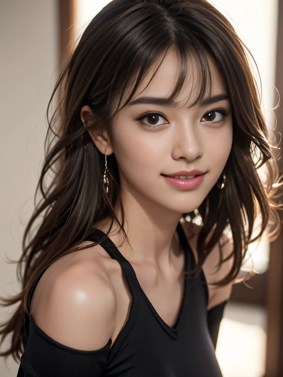 masterpiece, best quality, ultra-detailed, intricately detailed hyperdetailed, realistic, sharp features, highly detailed, sharp focus, (18 years old:1.3), perfect face, perfect symmetrically eyes, perfect full lips, hyper detailed, hyper realistic, high resolution, Fashion Model, Slender, Japanese Idol, Stylish, Realistic, Photorealistic:1.3, Beautiful Face, POV shot, light brown hair, messy hair, asymmetrical bangs, Neat clothes, (smile), (tight fitting Black tops:1.2),