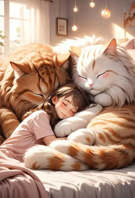 cute giant cat and  cute girl,  (cat bigger than the girl):1.5, giant fluffy adorable cat, leaning and sleeping side by side tog...