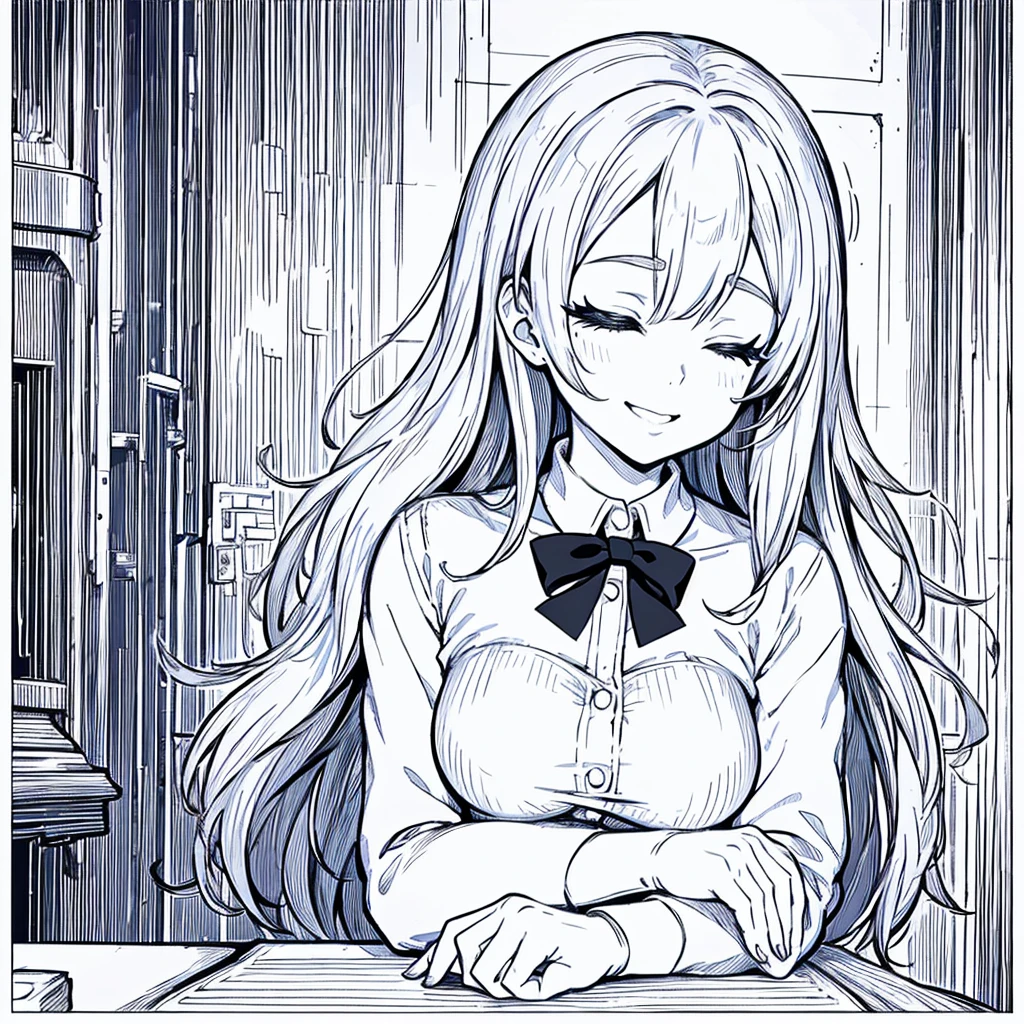 Coloring pages for adults, pretty girl, smile, Bust shot close-up, Sleeping in the classroom, In anime style/manga, Rounded lines, Attention to detail, Abstract shape background, Black and White, No Shading, --9 in:16