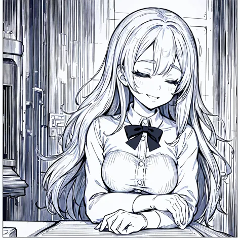 coloring pages for adults, pretty girl, smile, bust shot close-up, sleeping in the classroom, in anime style/manga, rounded line...