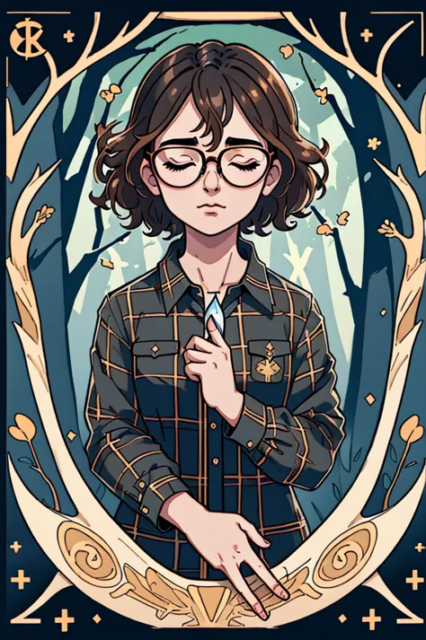 tarot, card, bzl_test, short curly brown hair, glasses, flannel shirt, forest background, closed eyes || masterpiece, perfect qu...
