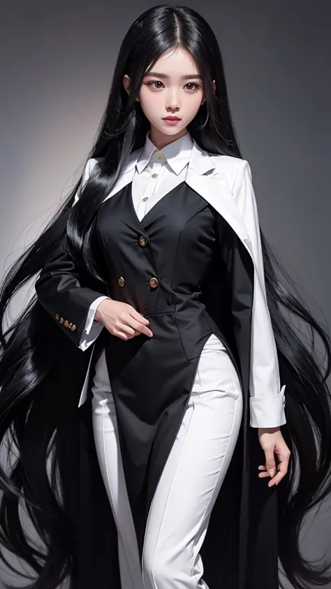 สาวสวยtwo meter long hair, long black hair, wear a suit, wear a suit over it., turn off all buttons., (เสื้อเชิ้ตwhite), (thai w...