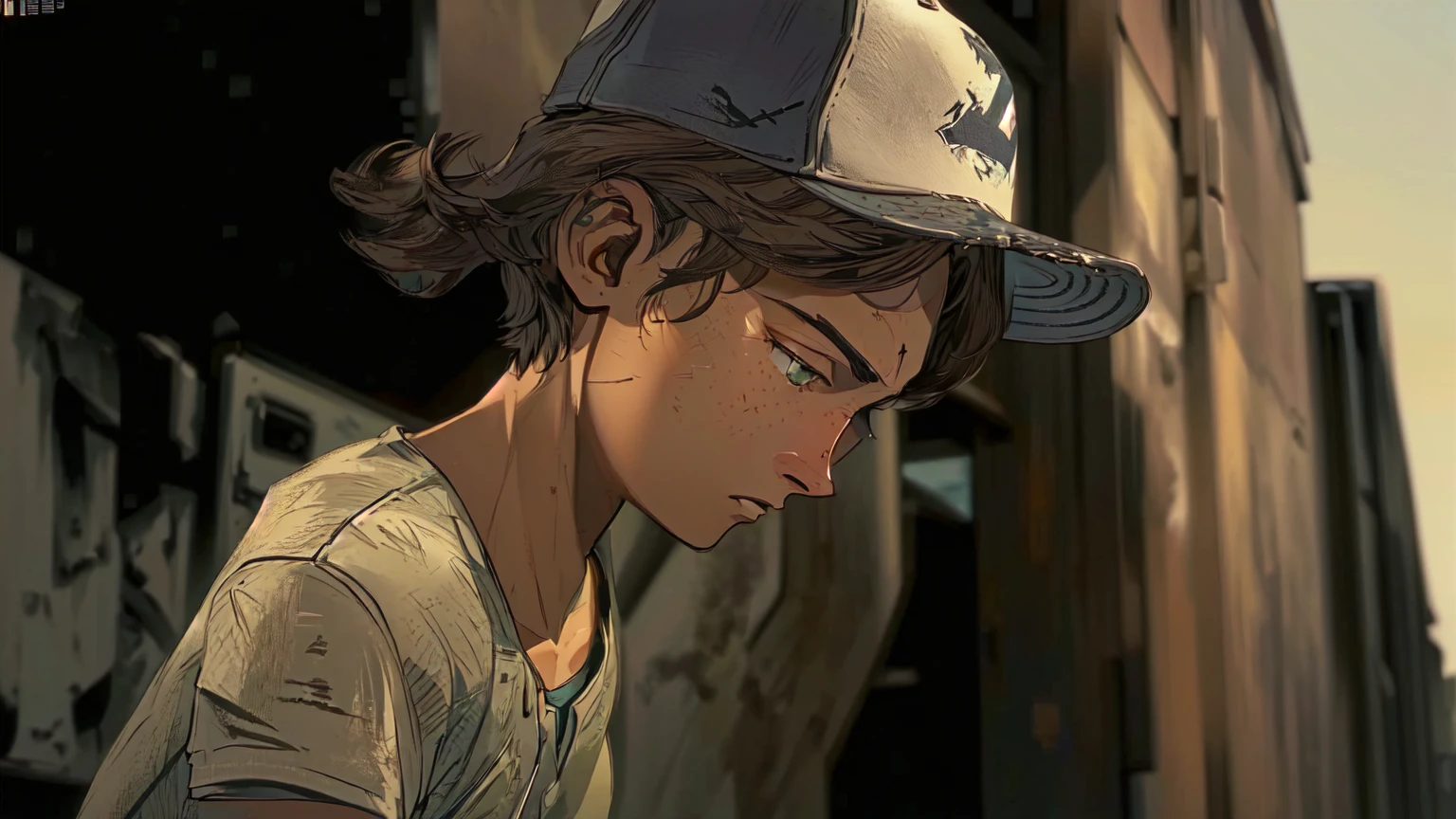 arafed young man in a baseball cap looking down at a cell phone, telltale games style, video game cutscene, hd screenshot, telltale style, super realistic”, hd remaster, uhd character details, character close up, wears a destroyed hat, ultra realistic”, ultra realistic ”, in the walking dead, high detail iconic character, next gen