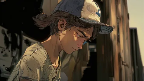 arafed young man in a baseball cap looking down at a cell phone, telltale games style, video game cutscene, hd screenshot, tellt...