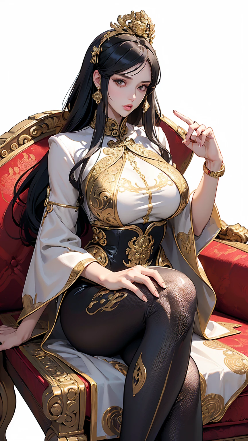 ((best quality,4k,highres,masterpiece:1.2)),((character concept art)), 1 female, age 25, Chinese Hong Kong, Hong Kong Elite, eldest sister, triad female leader, Known for her impeccable fashion sense and elegant demeanor, she is a true embodiment of the Versace brand. Her body language is as captivating as her style, always exuding confidence and high fashion. (((She's wearing an exquisite Versace Barocco-print Shirt in Silk and Barocco-print leggings gold-tone/white/black, a true testament to the brand's luxurious aesthetic.))) Paired with Versace Medusa Tribute Sandals, she carries her ensemble with an air of effortless sophistication. Her accessories include a Versace Medusa Tribute Bag and a pair of Versace Tribute Sunglasses, enhancing her overall look. ((intricate detail)), super finely detailed hands, ultra finely detailed fingers(((ten fingers))), (standing still with confidently), (full body showcase), (show full body), (no logos on background), (no logo), ((plain background)), ((plain background)), (((empty background))). Huge perky breasts, deep cleavage 1.8, thick thighs, hands in hair, cameltoe 1.8, curvy, (9sitting on sofa, spreading legs wide open , proper fingers