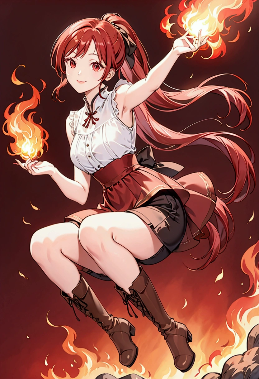 20 years old, long red hair, wears a ponytail, red eyes, always smiling. She dresses in an antique style, wearing a short brown skirt with black shorts underneath, ending above the knees. She wears knee-high brown boots. Her white blouse is sleeveless and features red details. She possesses fire powers and has a fire-themed background." 