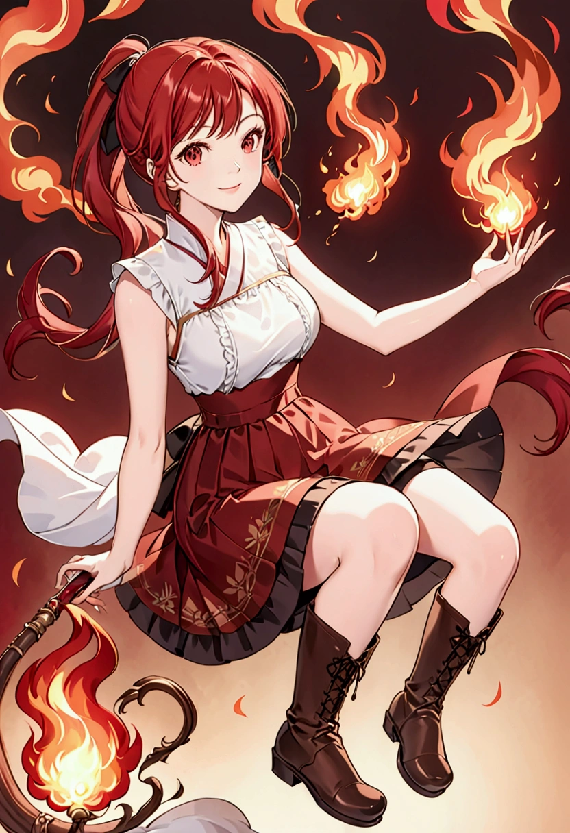 20 years old, long red hair, wears a ponytail, red eyes, always smiling. She dresses in an antique style, wearing a short brown skirt with black shorts underneath, ending above the knees. She wears knee-high brown boots. Her white blouse is sleeveless and features red details. She possesses fire powers and has a fire-themed background." 