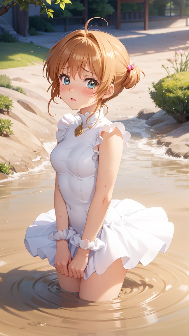 masterpiece, best quality, highres, 1girl, detailed face, blush, anime CG style, (medium breasts), (18 year old girl:1.3), (aged up), good lighting, perfect body, sakura kinomoto, glossy lips, looking at viewer, (tutu), upset, tears in her eyes, (quicksand)