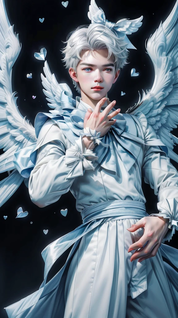 (max resolution: 1.2), (Ultra HDTV: 1.2), 8K resolution, Eye and skin details, face details, Body details, Limb details, (Sharp focus: 1.2 ), (Accurate focus) sharp face: 1.2), Cupid, (((Boy))), white hair, flying, white wings, (((hand holding love bow))),