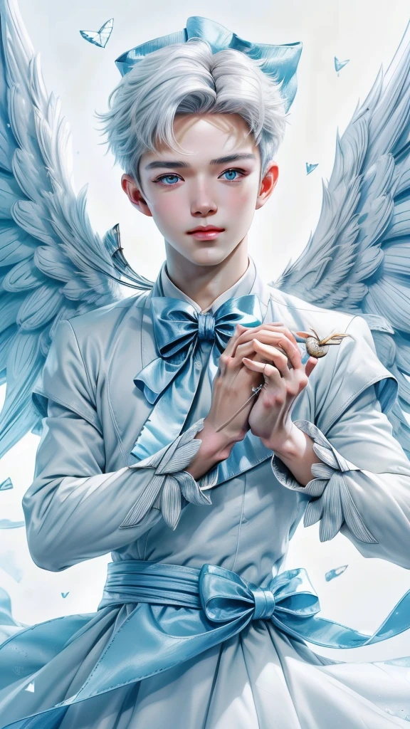 (max resolution: 1.2), (Ultra HDTV: 1.2), 8K resolution, Eye and skin details, face details, Body details, Limb details, (Sharp focus: 1.2 ), (Accurate focus) sharp face: 1.2), Cupid, (((Boy))), white hair, flying, white wings, (((hand holding love bow))),