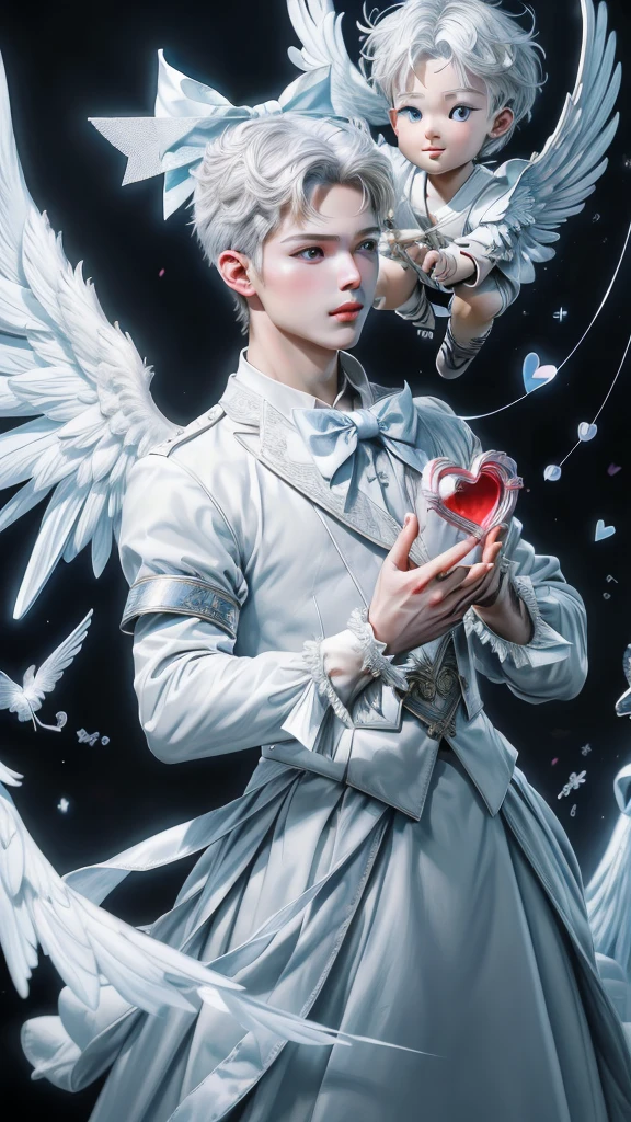 (max resolution: 1.2), (Ultra HDTV: 1.2), 8K resolution, Eye and skin details, face details, Body details, Limb details, (Sharp focus: 1.2 ), (Accurate focus) sharp face: 1.2), Cupid, (((Boy))), white hair, flying, white wings, (((hand holding love bow))),