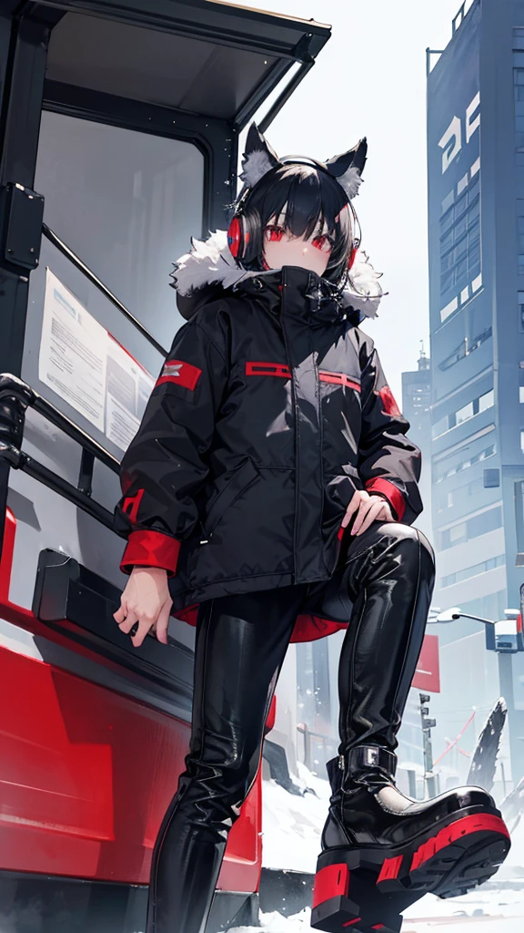 Winter city,whole body,shortness of breath,Beastman,shota,Wolf,headphone,Long Parka,pants,Black 
long boots,Stiletto heels with red soles,Running,Character portrait, High resolution, 