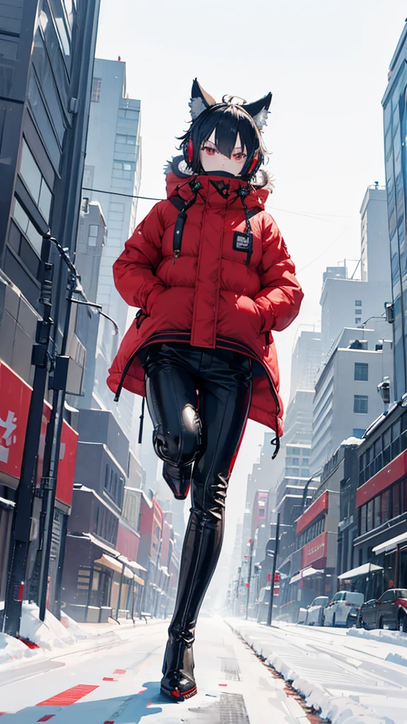 Winter city,whole body,shortness of breath,Beastman,shota,Wolf,headphone,Long Parka,pants,Black 
long boots,Stiletto heels with red soles,Running,Character portrait, High resolution, 