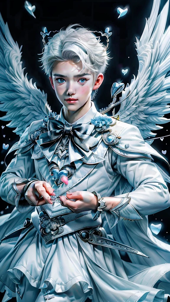 (max resolution: 1.2), (Ultra HDTV: 1.2), 8K resolution, Eye and skin details, face details, Body details, Limb details, (Sharp focus: 1.2 ), (Accurate focus) sharp face: 1.2), Cupid, (((Boy))), white hair, flying, white wings, (((hand holding love bow))),