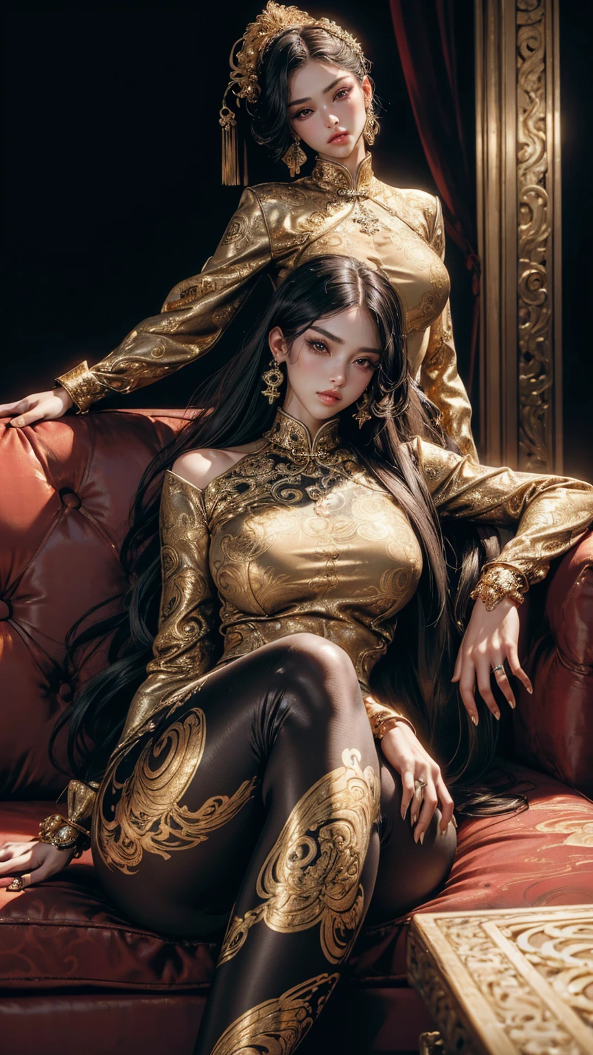 ((best quality,4k,highres,masterpiece:1.2)),((character concept art)), 1 female, age 25, Chinese Hong Kong, Hong Kong Elite, eldest sister, triad female leader, Known for her impeccable fashion sense and elegant demeanor, she is a true embodiment of the Versace brand. Her body language is as captivating as her style, always exuding confidence and high fashion. (((She's wearing an exquisite Versace Barocco-print Shirt in Silk and Barocco-print leggings gold-tone/white/black, a true testament to the brand's luxurious aesthetic.))) Paired with Versace Medusa Tribute Sandals, she carries her ensemble with an air of effortless sophistication. Her accessories include a Versace Medusa Tribute Bag and a pair of Versace Tribute Sunglasses, enhancing her overall look. ((intricate detail)), super finely detailed hands, ultra finely detailed fingers(((ten fingers))), (standing still with confidently), (full body showcase), (show full body), (no logos on background), (no logo), ((plain background)), ((plain background)), (((empty background))). Huge perky breasts, deep cleavage 1.8, thick thighs, hands in hair, cameltoe 1.8, curvy, ((sitting on sofa, spreading legs wide open , cameltoe 1.8))