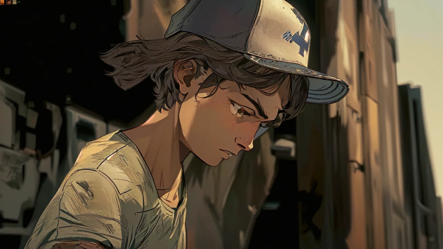 arafed young man in a baseball cap looking down at his cell phone, telltale games style, video game cutscene, telltale style, hd screenshot, super realistic”, ultra realistic ”, ultra realistic”, hd remaster, character close up, uhd character details, wears a destroyed hat, in the walking dead, an ultra realistic, hq artwork, next gen