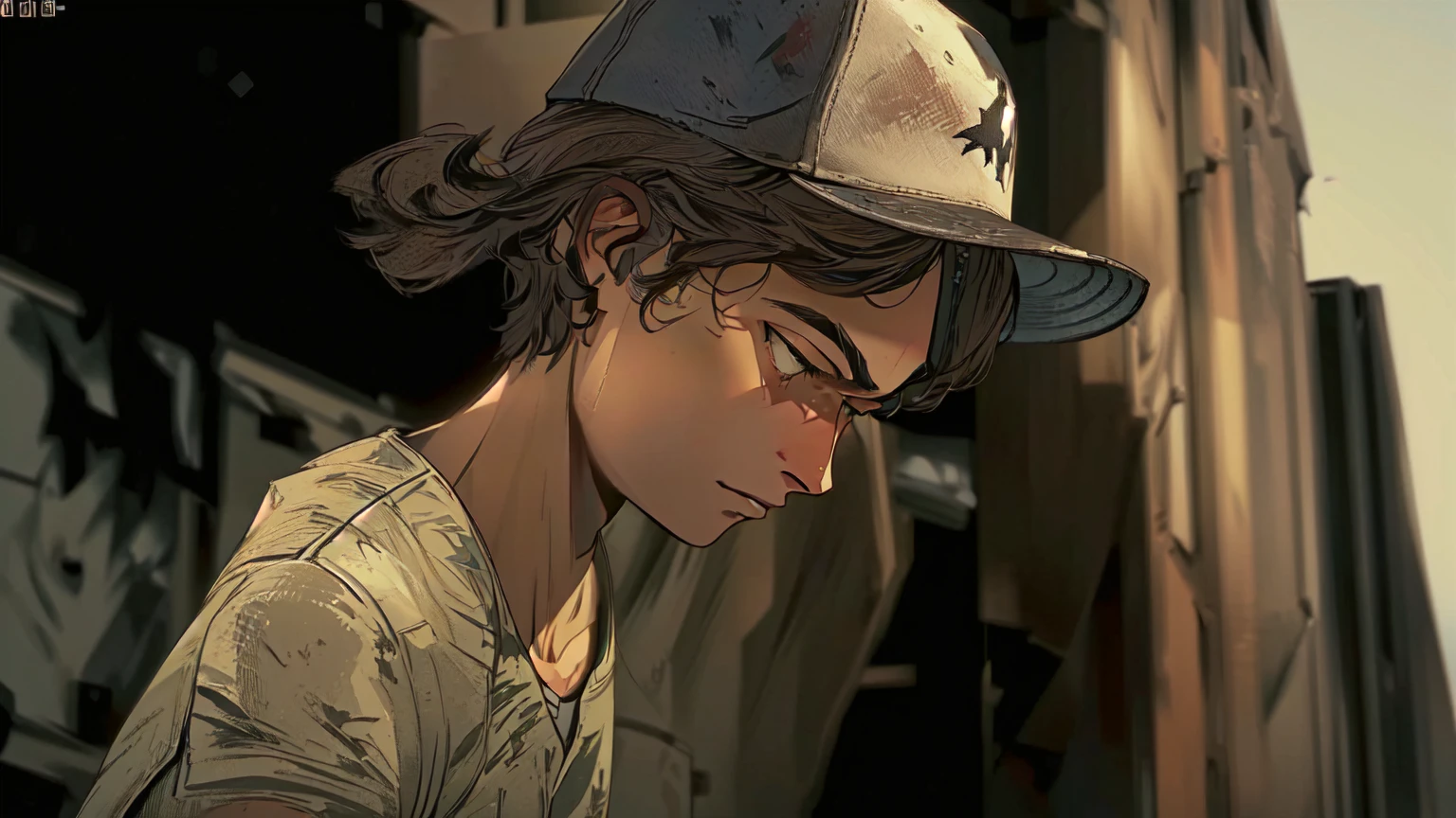 arafed young man in a baseball cap looking down at his cell phone, telltale games style, video game cutscene, telltale style, hd screenshot, super realistic”, ultra realistic ”, ultra realistic”, hd remaster, character close up, uhd character details, wears a destroyed hat, in the walking dead, an ultra realistic, hq artwork, next gen