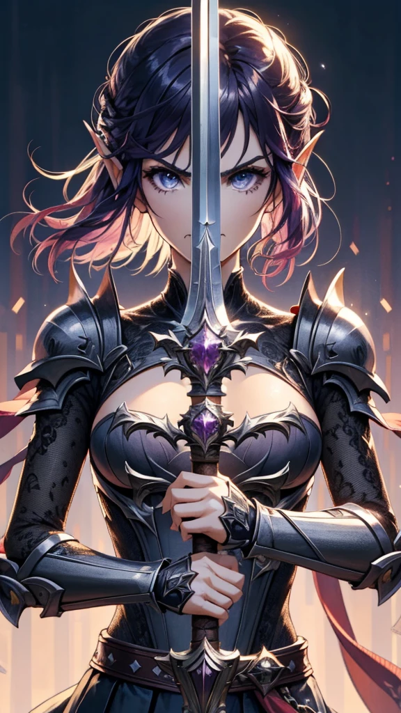 (1girl, purple hair, short hair, spiral eyes, angry, clenched teeth) (digital) (looking at viewer) (upper body) (standing), (Dark Purple Sparkling Forest background), (short skirt)) , best quality, pointy ears, colored skin, blue skin, glowing, cleavage, armor, Purple armor, gold trim, navel, voidelf, SplitScreen, split screen, Holding sword, swordup, long sword, holding sword on hand