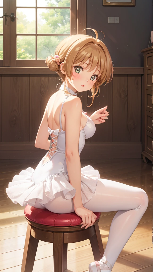 masterpiece, best quality, highres, 1girl, detailed face, blush, anime CG style, (medium breasts), (18 year old girl:1.3), (aged up), good lighting, perfect body, sakura kinomoto, glossy lips, looking back at viewer, wood floor, tutu, sitting, stool, pointe shoes