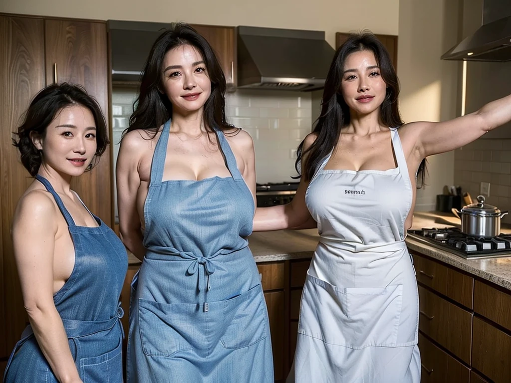 (masterpiece:1.4),(50-year-old woman:1.5),(facial wrinkles 1.2), (Long Hair : 1),(Three Women : 1), 、A kind smile,maternal, Mature Woman, (Naked and wearing an apron : 1.3), (Very large breasts: 1.2),Huge breasts、Are fat、Cleavage、 Acne, Skin blemishes, spot,(Plump arms : 1.3), kitchen