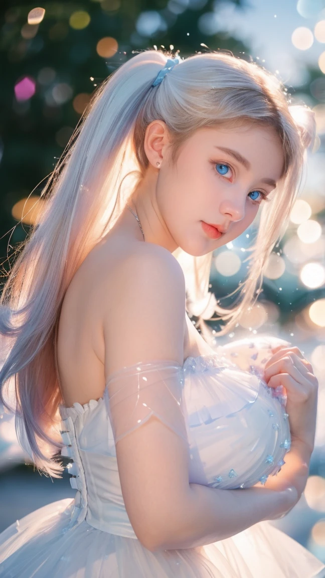 Georgeous, Beautiful, Cute, Baby Face, 18 Years Old, White Skin, Cleavage, ((Colossal Breast:1.3)), Sleeveless, Off Shoulder, Strapless, ((Transparent:1.3)), ((White Long Lolita Dress)), (Embroidery), Posing With Big Fluffy Cat, ((Bright Blue Eye)), ((Muscles:1.3)), ((Bokeh:1.3)), Animal Farmer Background, Masterpiece, Twintails