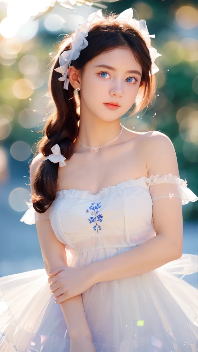 Georgeous, Beautiful, Cute, Baby Face, 18 Years Old, White Skin, Cleavage, ((Medium Breast:1.3)), Sleeveless, Off Shoulder, Strapless, ((Transparent:1.3)), ((White Long Lolita Dress)), (Embroidery), Posing With Big Fluffy Cat, ((Bright Blue Eye)), ((Muscles:1.3)), ((Bokeh:1.3)), Animal Farmer Background, Masterpiece, Twintails