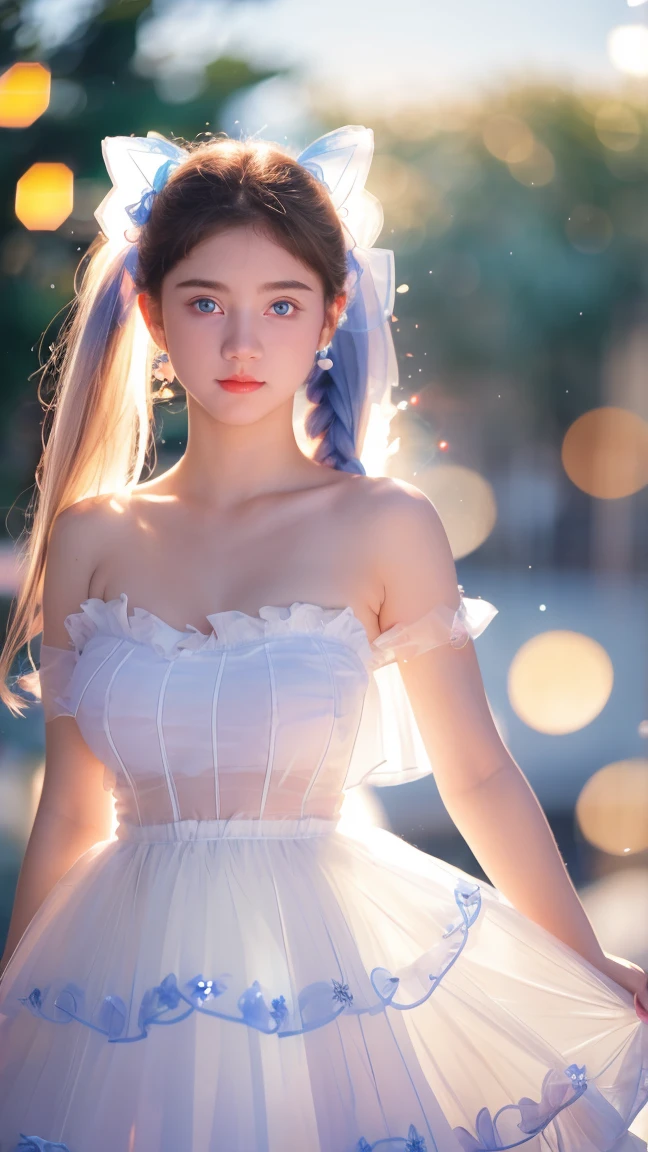 Georgeous, Beautiful, Cute, Baby Face, 18 Years Old, White Skin, Cleavage, ((Medium Breast:1.3)), Sleeveless, Off Shoulder, Strapless, ((Transparent:1.3)), ((White Long Lolita Dress)), (Embroidery), Posing With Big Fluffy Cat, ((Bright Blue Eye)), ((Muscles:1.3)), ((Bokeh:1.3)), Animal Farmer Background, Masterpiece, Twintails