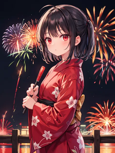 Black Hair,Red Eyes,long,yukata,firework