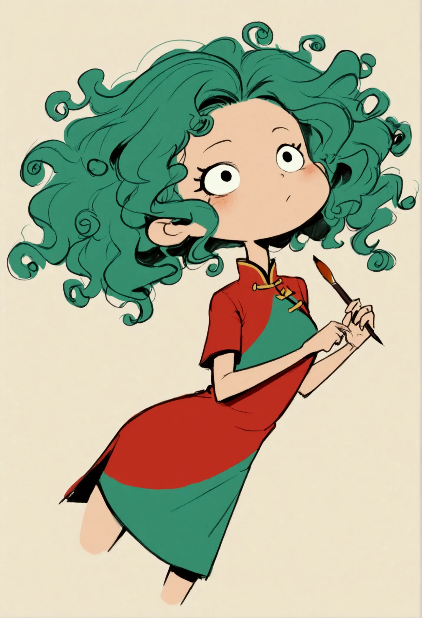 (((exaggerated digital character sketches:1.37))).(1 girl，cheongsam，solitary，fluffy curly hair，(exaggerated expression,)，(black ...