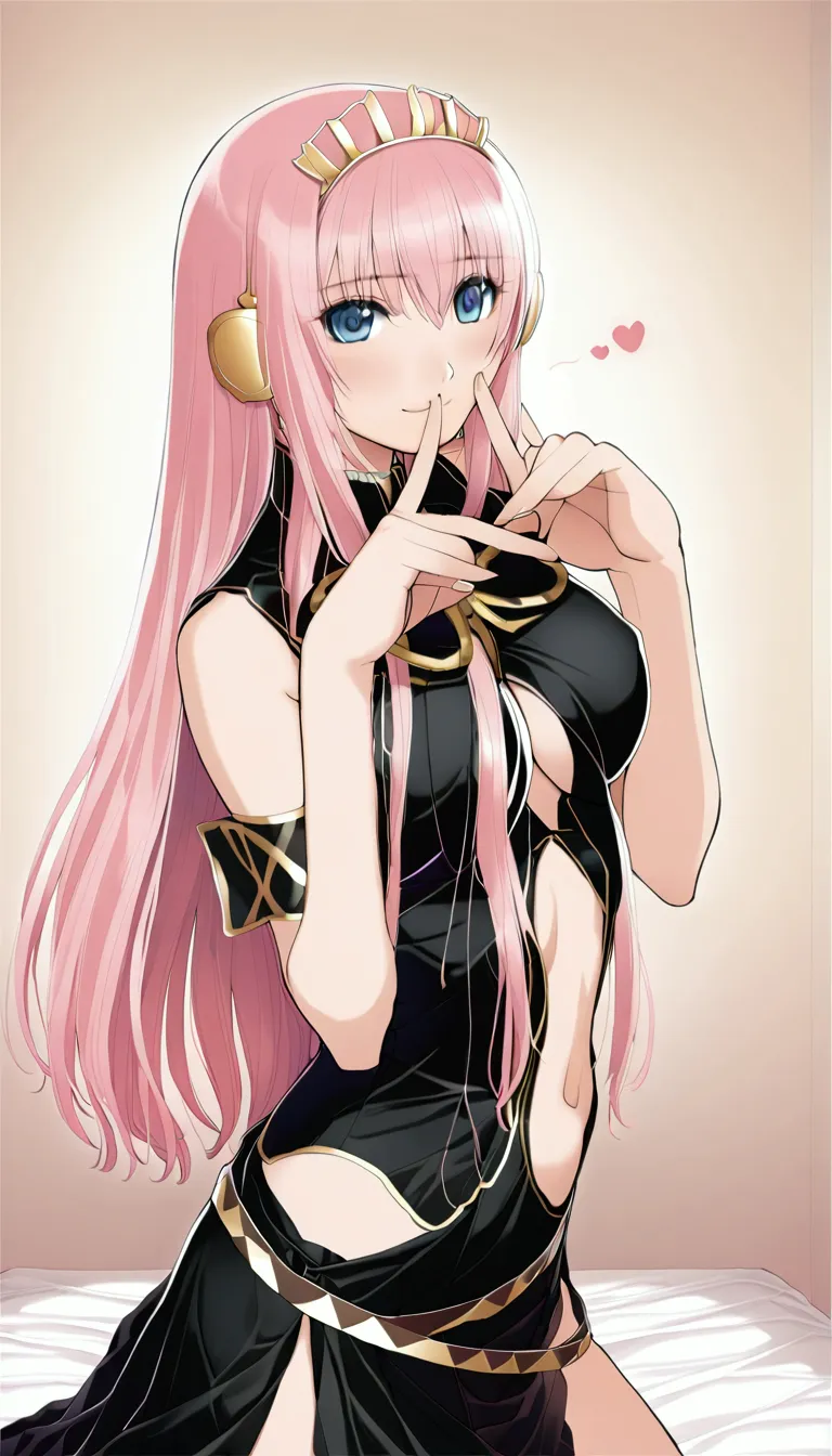 masterpiece,beautiful adult woman ,megurine luka,e cup breasts,pink long hair,blue eyes,megurine luka&#39;s official costume,bla...