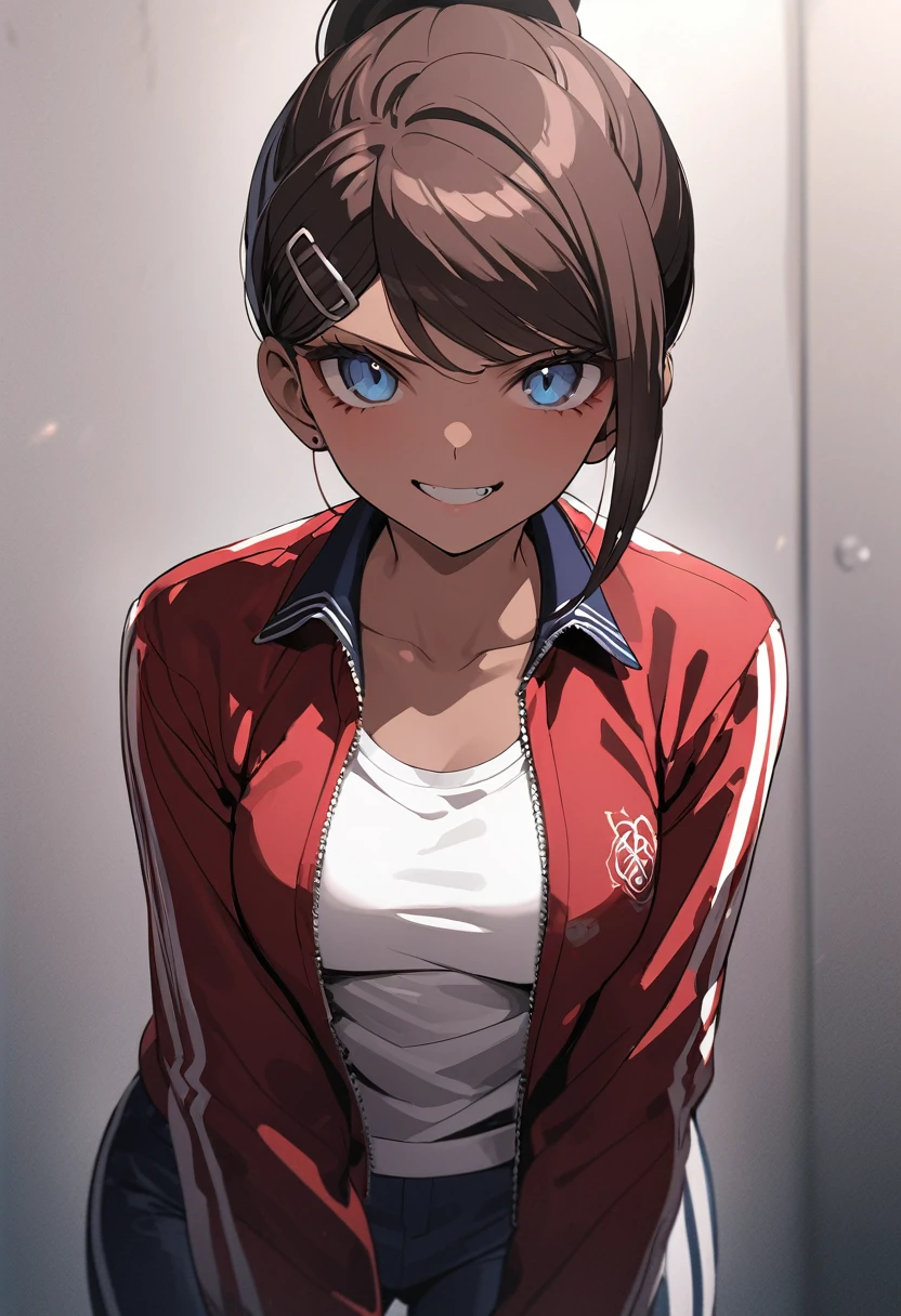 ((masterpiece,High resolution,Highest quality,8k))
(17-year-old girl,Danganronpa,Aoi Asahina,Brown skin,Brown Hair,ponytail,Barrette,Big blue eyes,slender,Blue shorts,White tank top,red open jacket,Long sleeve)Grin