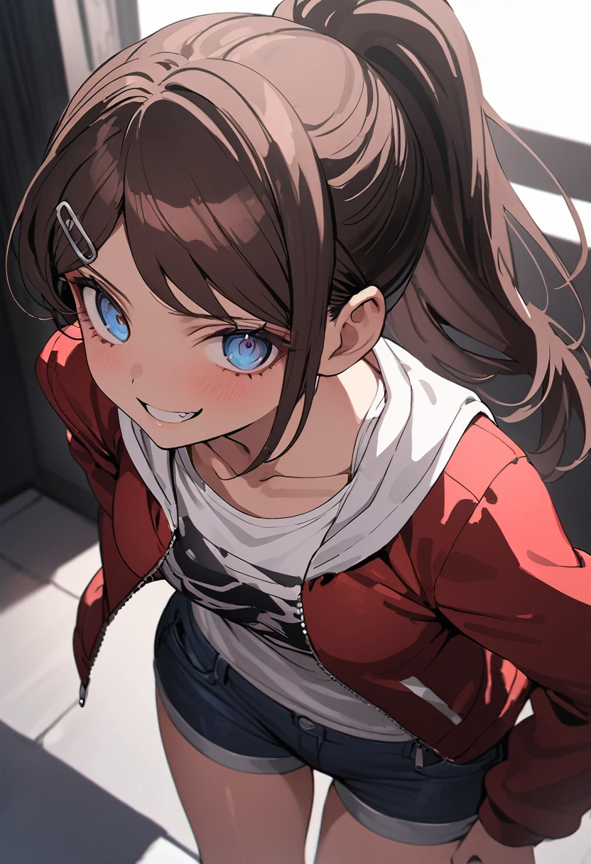 ((masterpiece,High resolution,Highest quality,8k))
(17-year-old girl,Danganronpa,Aoi Asahina,Brown skin,Brown Hair,ponytail,Barrette,Big blue eyes,slender,Blue shorts,White tank top,red open jacket,Long sleeve)Grin