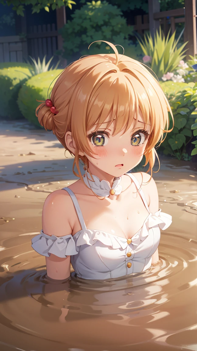 masterpiece, best quality, highres, 1girl, detailed face, blush, anime CG style, (medium breasts), (18 year old girl:1.3), (aged up), good lighting, perfect body, sakura kinomoto, glossy lips, looking at viewer, ballerina, (tutu), upset, tears in her eyes, (partially submerged, sinking in mud)