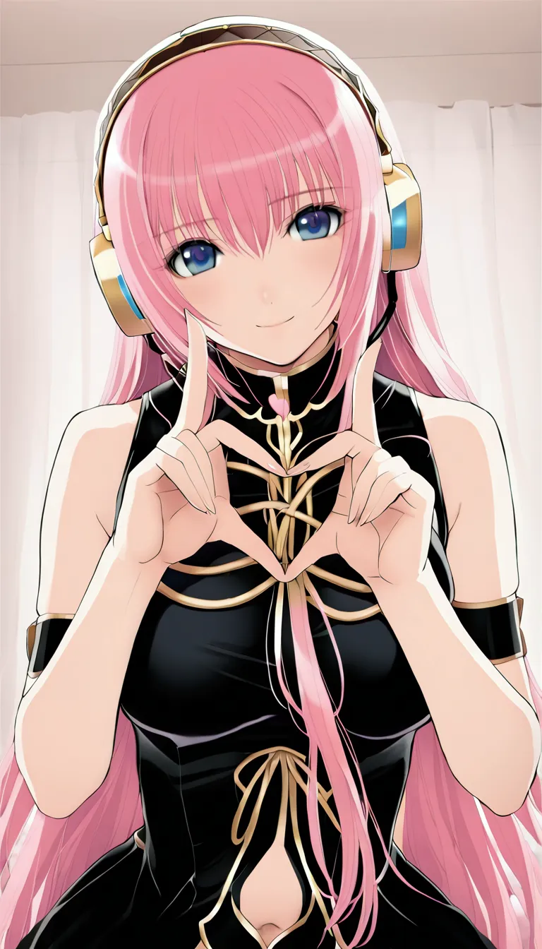 masterpiece,beautiful adult woman ,megurine luka,e cup breasts,pink long hair,blue eyes,headphone,megurine luka&#39;s official c...