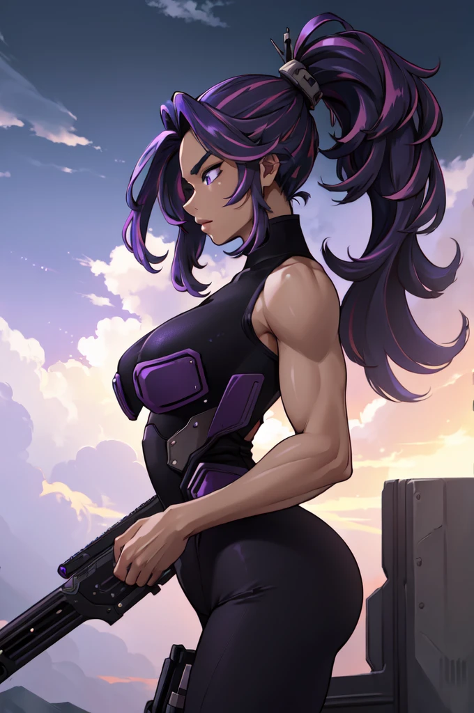 ((masterpiece, high quality, best quality, highres, ultra-detailed, 8k:1.4)), Kaina, 1girl, solo, medium breasts, hair ornament, holding, upper body, weapon, parted lips, sleeveless, holding weapon, from side, gun, profile, holding gun, smoke, purple theme, black bodysuit,  high ponytail, purple sky, clouds, volumetric lights, dynamic pose, dynamic angle, light particles, wind, white pupils, purple eyes, 