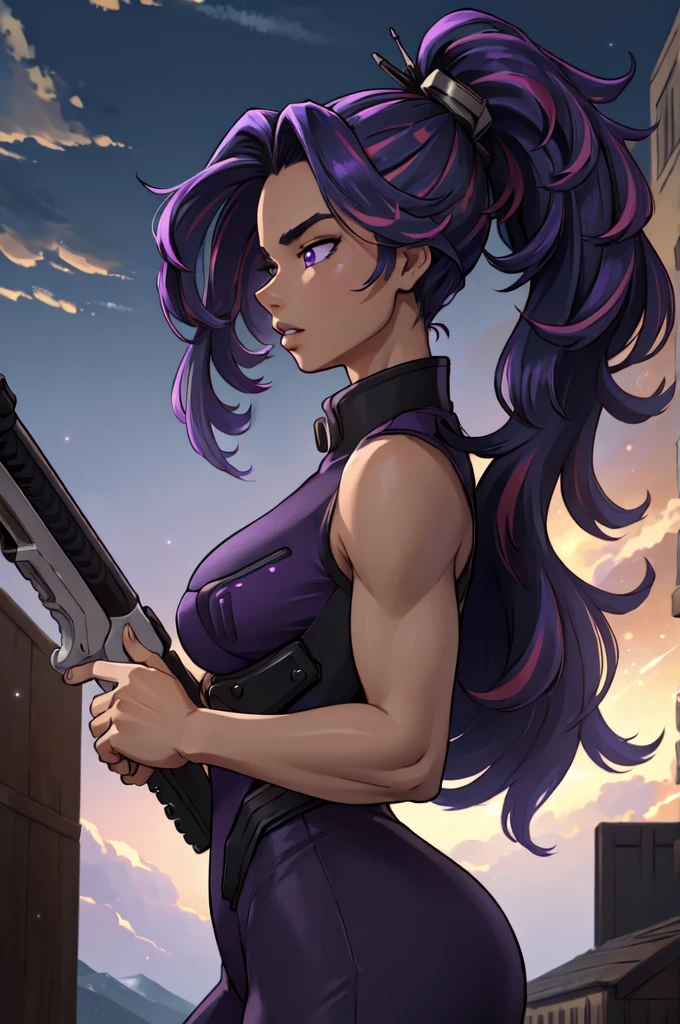 ((masterpiece, high quality, best quality, highres, ultra-detailed, 8k:1.4)), Kaina, 1girl, solo, medium breasts, hair ornament, holding, upper body, weapon, parted lips, sleeveless, holding weapon, from side, gun, profile, holding gun, smoke, purple theme, black bodysuit,  high ponytail, purple sky, clouds, volumetric lights, dynamic pose, dynamic angle, light particles, wind, white pupils, purple eyes, 