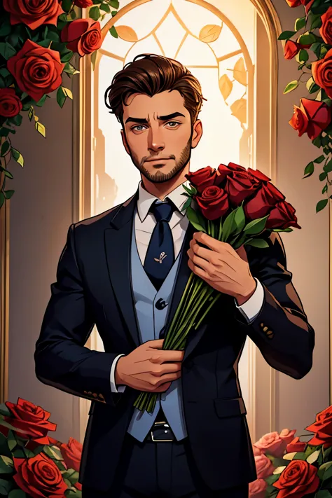 illustrate a beautiful man holding a bouquet of shattered roses, he is 30 years old, unshaven and looks like actor sam clafim. p...