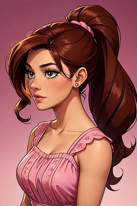 illustrate a beautiful woman 24 years old, brown hair tied in a ponytail on top of her head. wearing a beautiful pink dress. she...