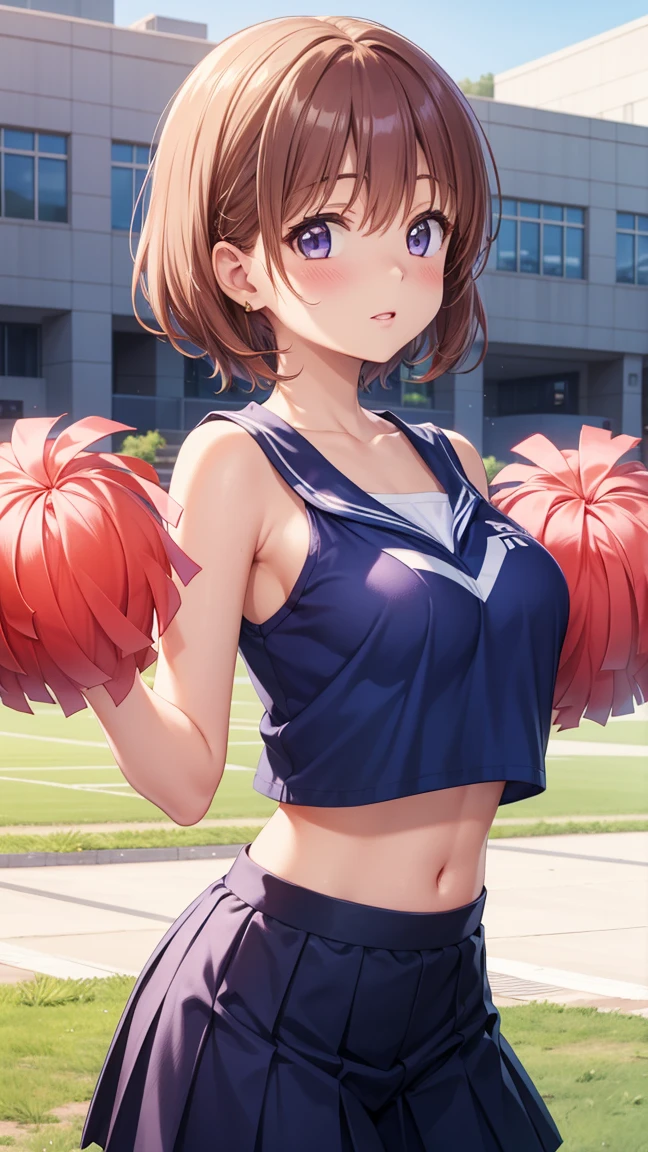 masterpiece, best quality, highres, 1girl, detailed face, blush, anime CG style, (medium breasts), aichan, good lighting, perfect body, sakura kinomoto, glossy lips, looking at viewer, school field, cheerleader, collarbone, midriff