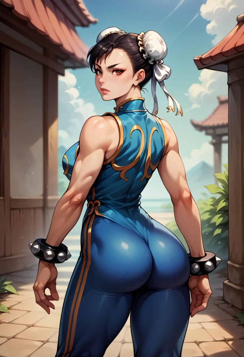 score_9, score_8_up, score_7_up, BREAK, score_9, 1girl, chun-li (\street fighter)\, black hair, brown eyes, makeup, eyelashes, short hair, breasts, looking at viewer, standing pose, lips, alpha_costume, blue bodysuit, blue leotard, blue vest, sleeveless, cowboy shot, ass, from behind,
