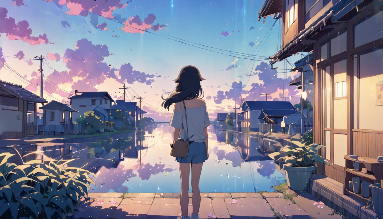 (Masterpiece:1.5), (Lofi anime Aesthetic:1.9), (best quality:1.5), anime style (([makoto shinkai])), makoto shinkai&#9, background anime full hd, conceptual artwork, tumblr, magical realism, cute anime, anime full hd, (anime movie backgrounds), Ultra range of scene details, Beautiful girl woman, long hair, beautiful and bright eyes, natural beauty body, 