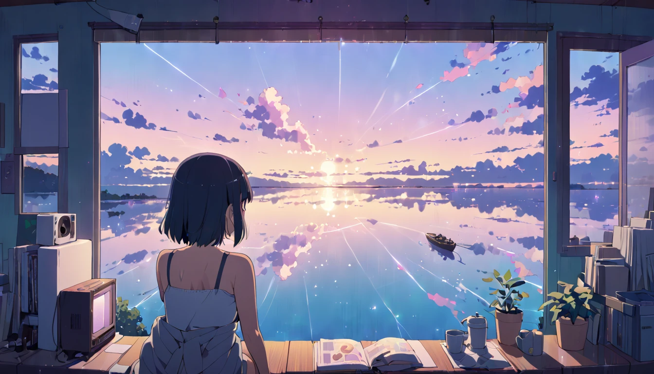 (Masterpiece:1.5), (Lofi anime Aesthetic:1.9), (best quality:1.5), anime style (([makoto shinkai])), makoto shinkai&#9, background anime full hd, conceptual artwork, tumblr, magical realism, cute anime, anime full hd, (anime movie backgrounds), Ultra range of scene details, Beautiful girl woman, long hair, beautiful and bright eyes, natural beauty body, 