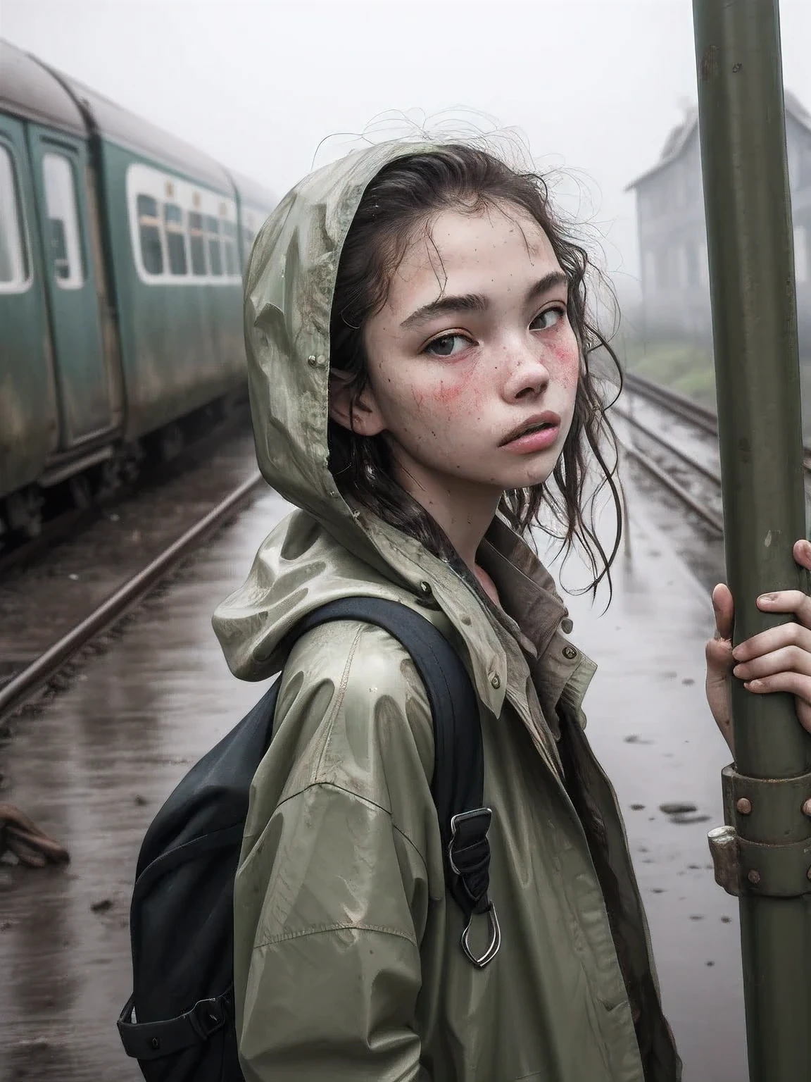 masterpiece, best quality, 2girls, (closeup:1.5), 18yo teen, slim, small breast, side view, sad, tired, dirty face, green raincoat, (backpacks), heavy rain, downpour, wasteland, train station, industrial ruins, grey, desolate, rain, dark, watercolor, analog, ((open coan:1.4)), ((topless:1.3))