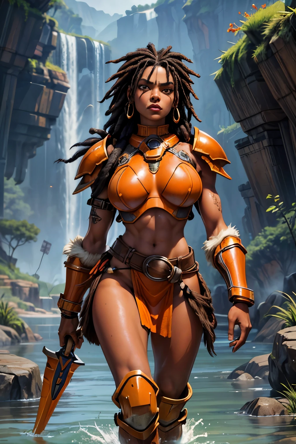 Portrait of African woman with (short black dreadlocks), short black hair pulled back, wearing a (heavy orange mechanical armor:1.1), (orange power armor covering her chest and arms), (orange breast plate:1.1) with large (round orange shoulder pads:1.1).  (barbarian fur loincloth:1.3), (fur belt, fur boots). (Bare thighs, bare legs, exposed skin:1.2). Badlands background with dead trees. super high quality, super high detail, masterpiece, 4k, 8k, HDR, masters of the universe. Show her wading through water (confidently walking, determined stride:1.1)