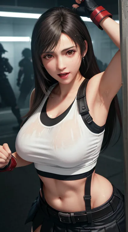 (top quality, masterpiece: 1.1), (realistic: 1.3), break (((ff7,tifa_lockhart))),(tifa_lockhart and monsters), (open mouth, clen...