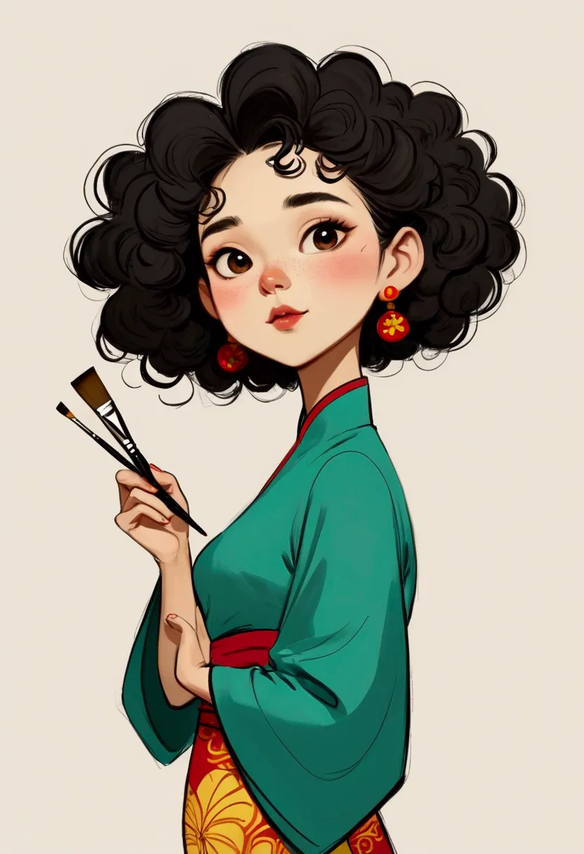 (((exaggerated digital character sketches:1.37))).(1 girl，face paint，cheongsam，solitary，fluffy curly hair，(exaggerated expressio...