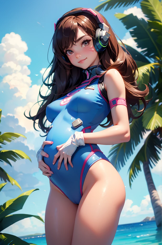 1girl, relaxing on a picturesque beach, tropical paradise, (masterpiece), (best quality), aahana, hana, dva, long hair, brown hair, headphones, whisker markings, white gloves, sexy swimsuit, ((detailed)), ((best quality)), ((masterpiece)), extremely detailed CG unity 8k wallpaper, 32k, focus sharp, photo of perfecteyes eyes, perfecteyes eyes, Masterpiece, raw, beautiful art, professional artist, 8k, very detailed face, very detailed hair, perfectly drawn body, beautiful face, very detailed eyes, smiling, rosey cheeks, intricate details in eyes, perfect fit body, beautiful body, extremely detailed, intricate details, highly detailed, sharp focus, detailed skin, realistic skin texture, texture, detailed eyes, high resolution, kodak vision color, foto_\(ultra\), post-processing, maximum detail, roughness, real life, ultra realistic, photorealism, photography, absurdres, RAW photo, highest quality, high detail RAW color photo, professional photo, extremely detailed UHD 8k wallpaper unit, best quality, highres, (masterpiece, top quality, high resolution:1.4), photo, cinematic, film grain, sharp, soft natural light, magic photography, super detailed, anatomically correct, perfect anatomy, cameltoe.  1 month pregnant