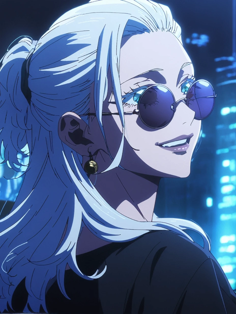 1girl, female gojo satoru, anime screencap from jujutsu kaisen, gojo satoru female version, solo, long_hair , ((wearing round sunglasses)) ((White_hair, hair slicked from one side)), night view, (hanging breasts) upper_body, smile,((dark room)) lips, (long hair) ((wearing black colour t shirt and pant)) breast, "very detailed and high resolution"  ((solo)) (((front view))) (earings) ((high resolution)) ((good quality)) ((silky hair, hair slicked from one side)) ((sitting))