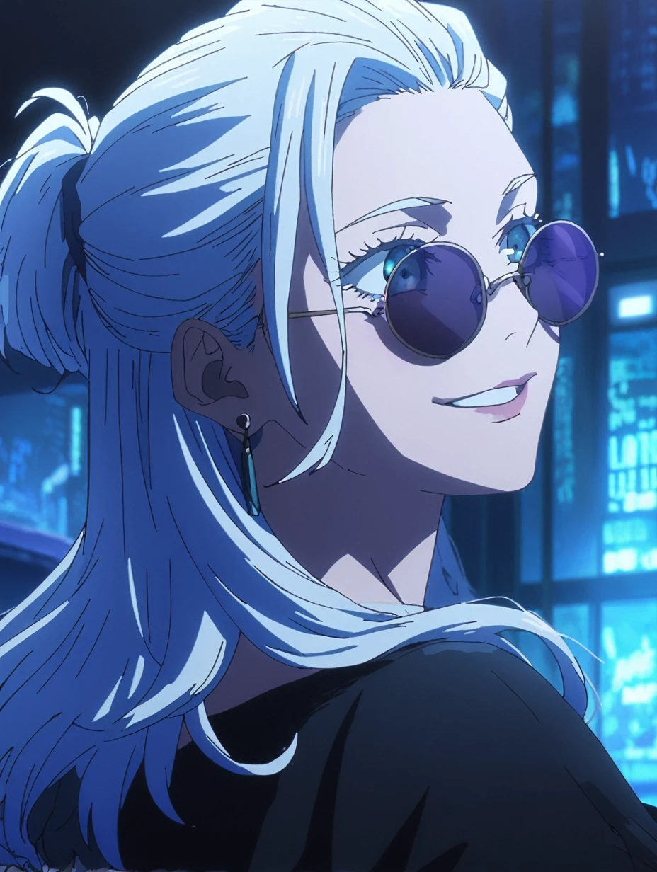 1girl, female gojo satoru, anime screencap from jujutsu kaisen, gojo satoru female version, solo, long_hair , ((wearing round sunglasses)) ((White_hair, hair slicked from one side)), night view, (hanging breasts) upper_body, smile,((dark room)) lips, (long hair) ((wearing black colour t shirt and pant)) breast, "very detailed and high resolution"  ((solo)) (((front view))) (earings) ((high resolution)) ((good quality)) ((silky hair, hair slicked from one side)) ((sitting))