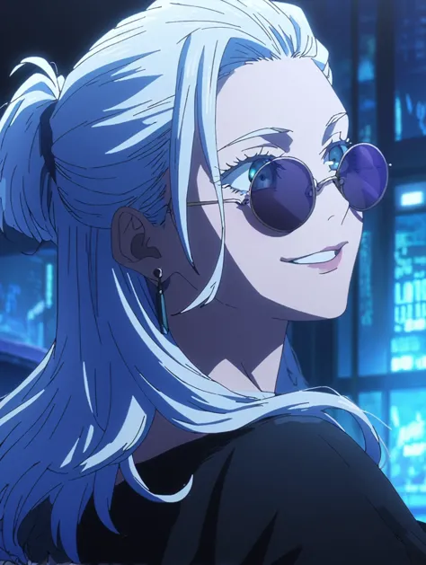 1girl, female gojo satoru, anime screencap from jujutsu kaisen, gojo satoru female version, solo, long_hair , ((wearing round su...